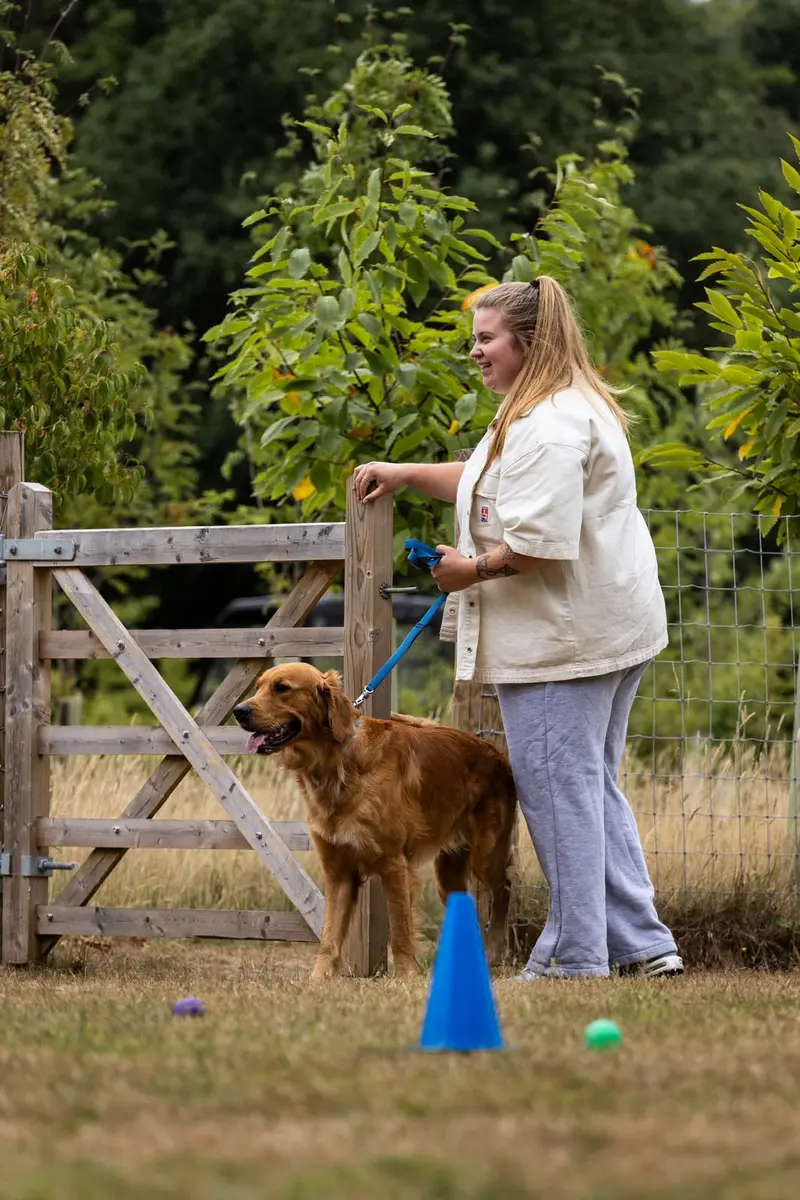 Aimee training Oakley at a field gate